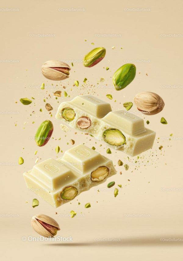 White chocolate bar with crunchy pistachio nuts pieces