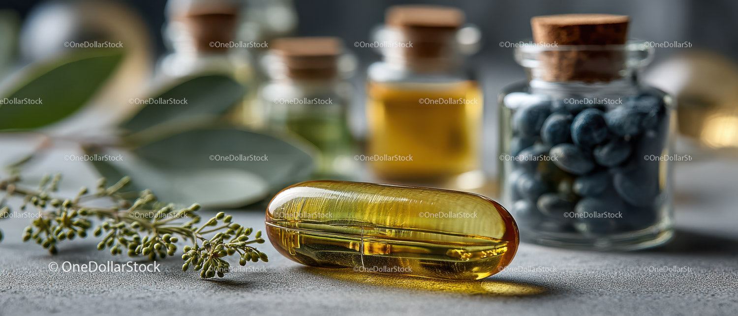 Herbal Oil Capsules with Green Leaves and Bottles for Natural Wellness