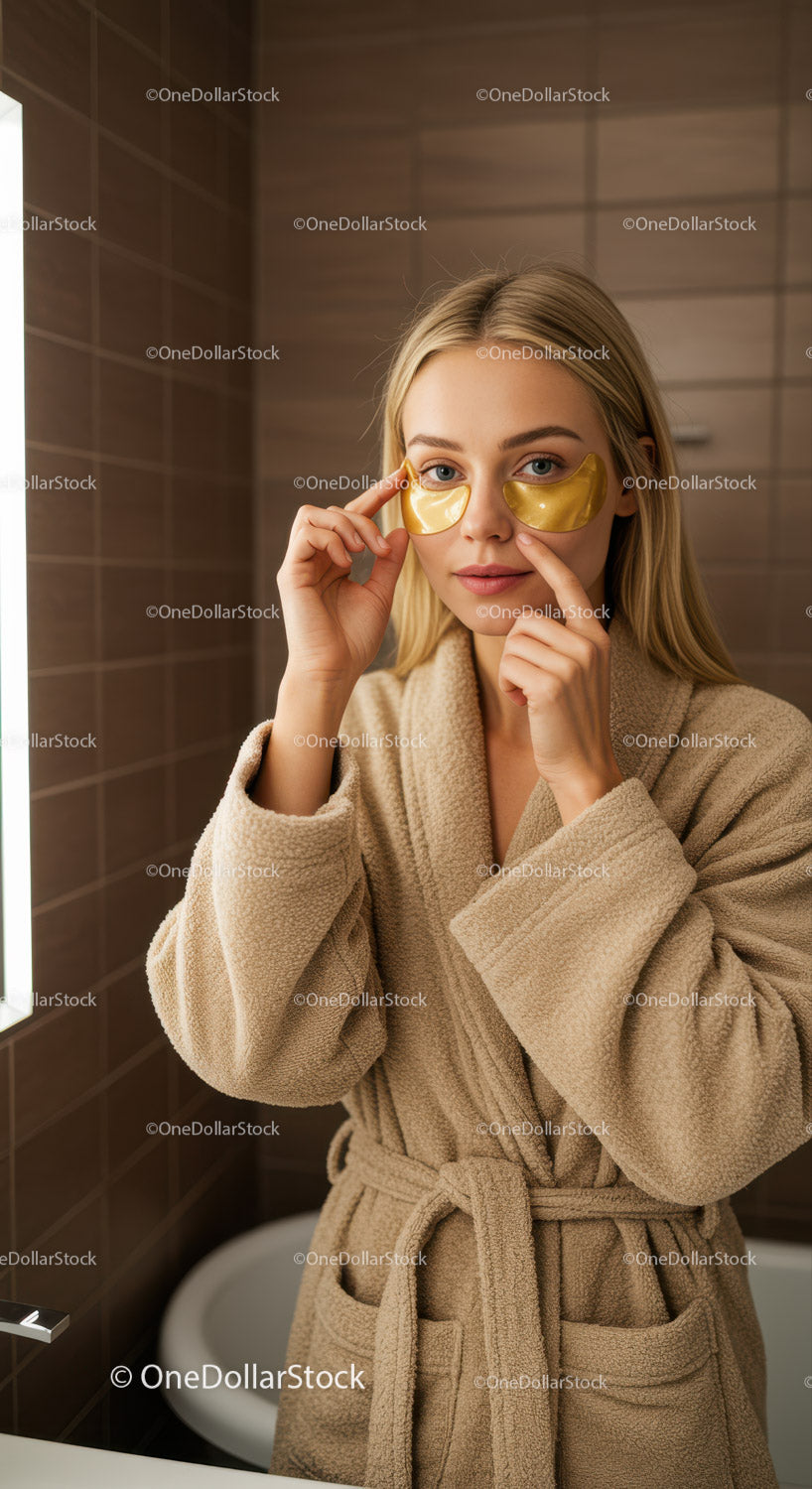 Młoda kobieta w szlafroku spa stosująca żele pod oczy w celu odmłodzenia skóry