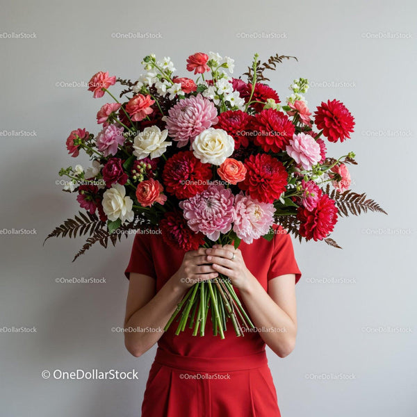 Kobieta ukrywająca twarz za kolorowym bukietem mieszanych kwiatów