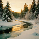 Winter Sunset Over Snowy Forest and River Stream