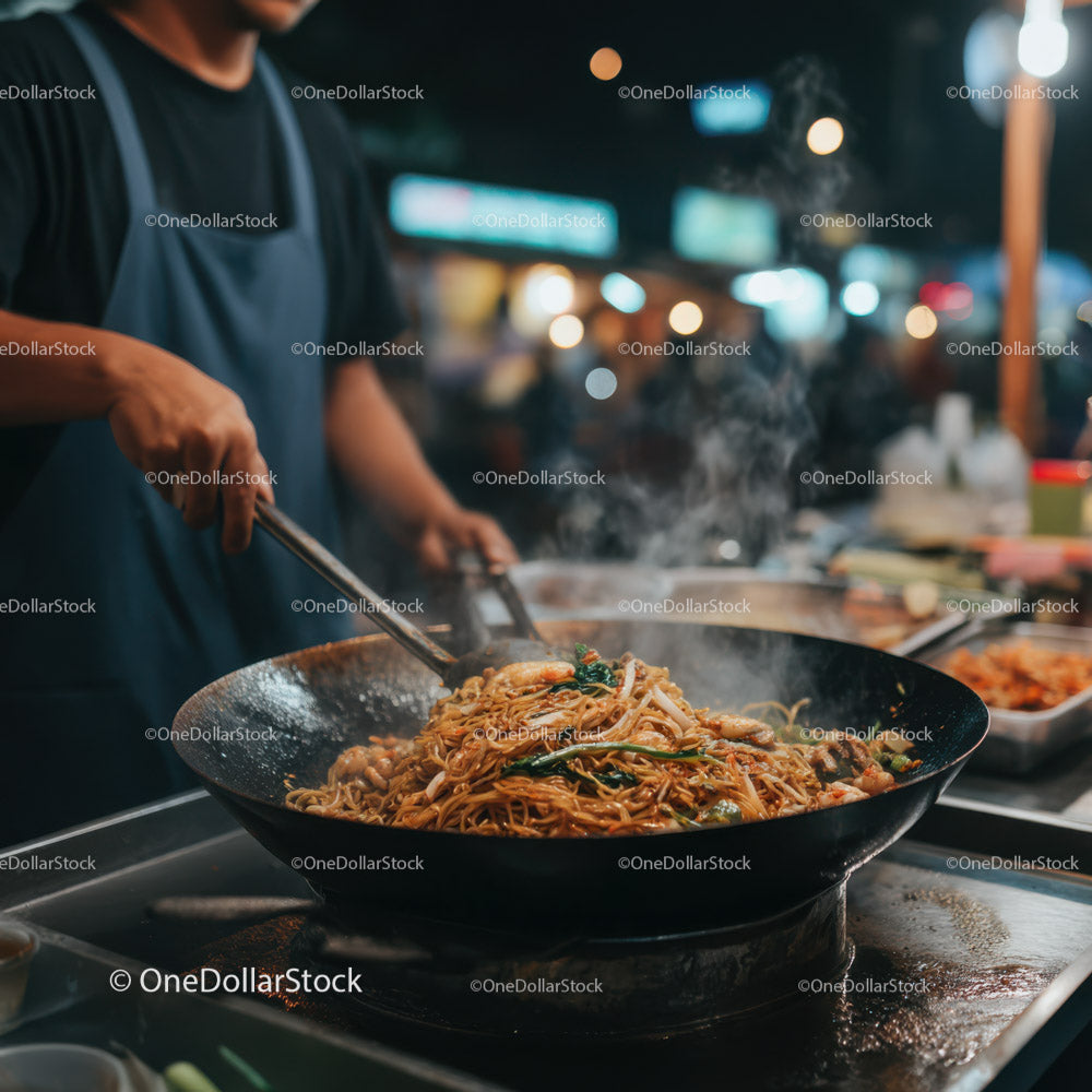 Stir-fried Noodles in Wok at Night Market Food Stall