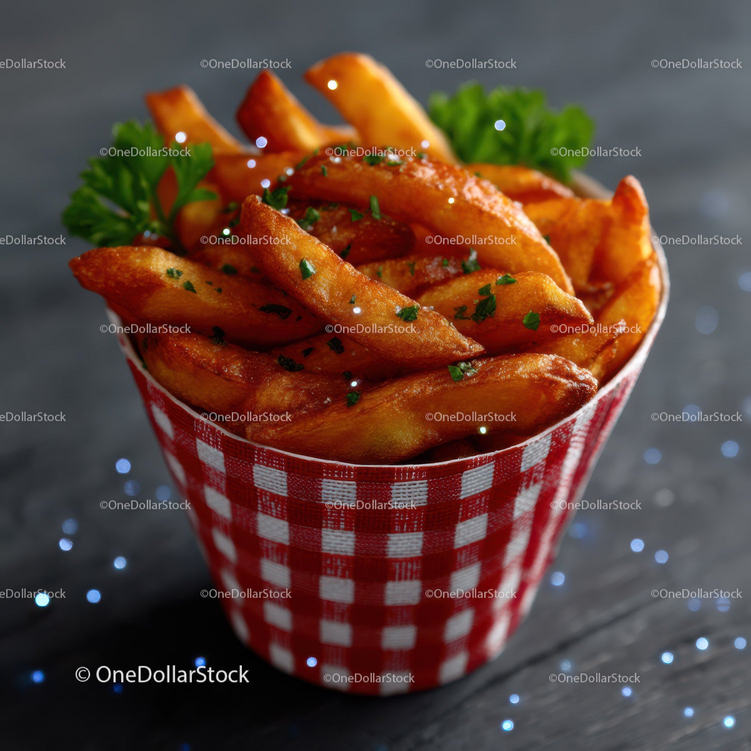 Golden Crispy French Fries in Red Checkered Cup on Dark Surface