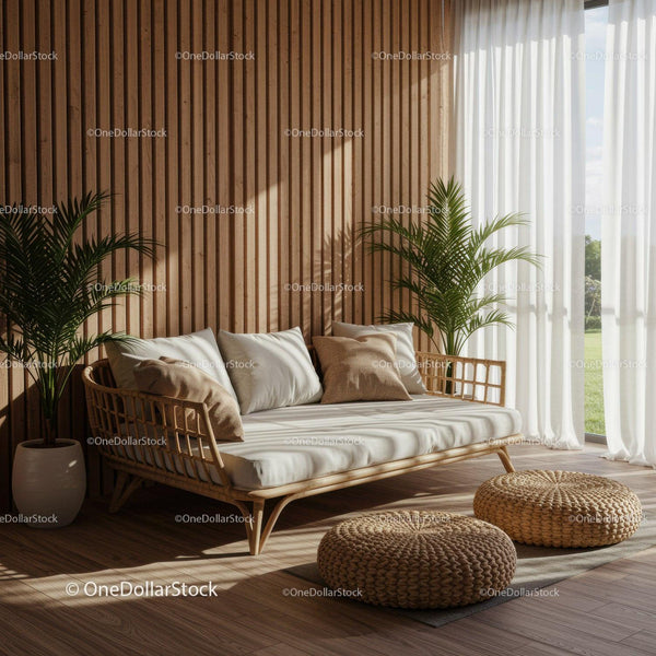 Przytulna sofa z rattanu z poduszkami w słonecznym salonie