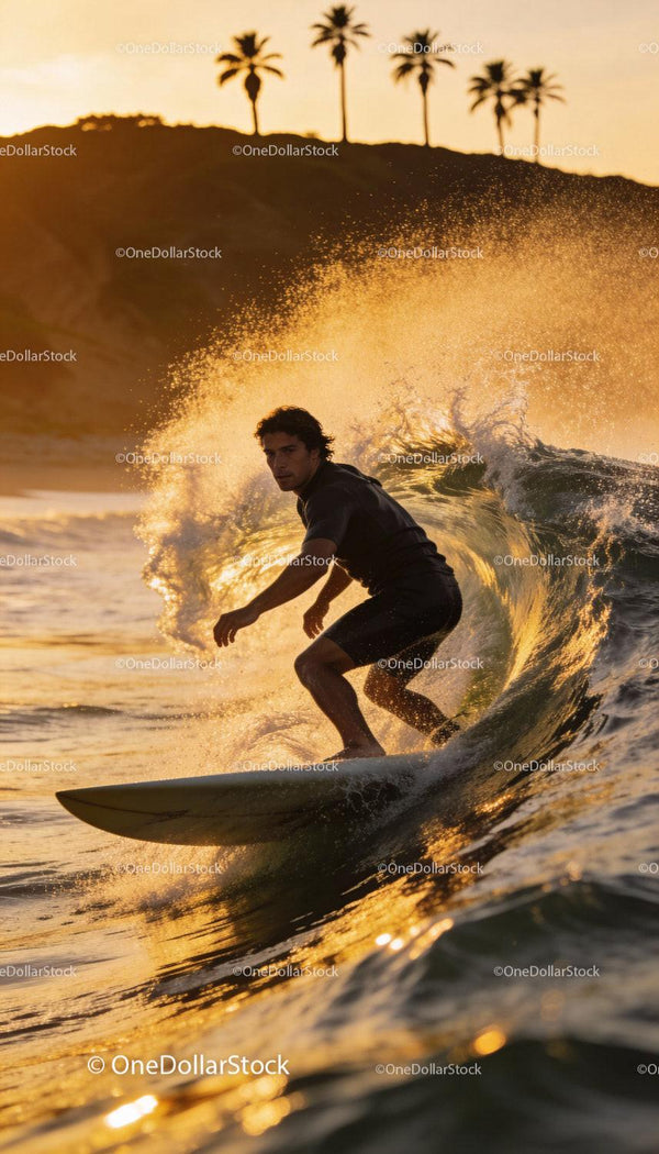 Surfer riding a glowing wave at sunset beach