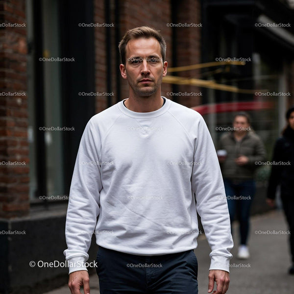 Man Walking Confidently Down Urban Street JPG Mockup Image