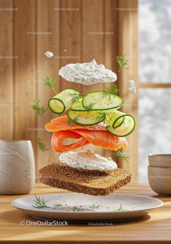 Fresh open sandwich with smoked salmon and cucumber slices