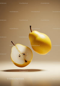 Yellow Pear and Half Slice Floating on Neutral Background