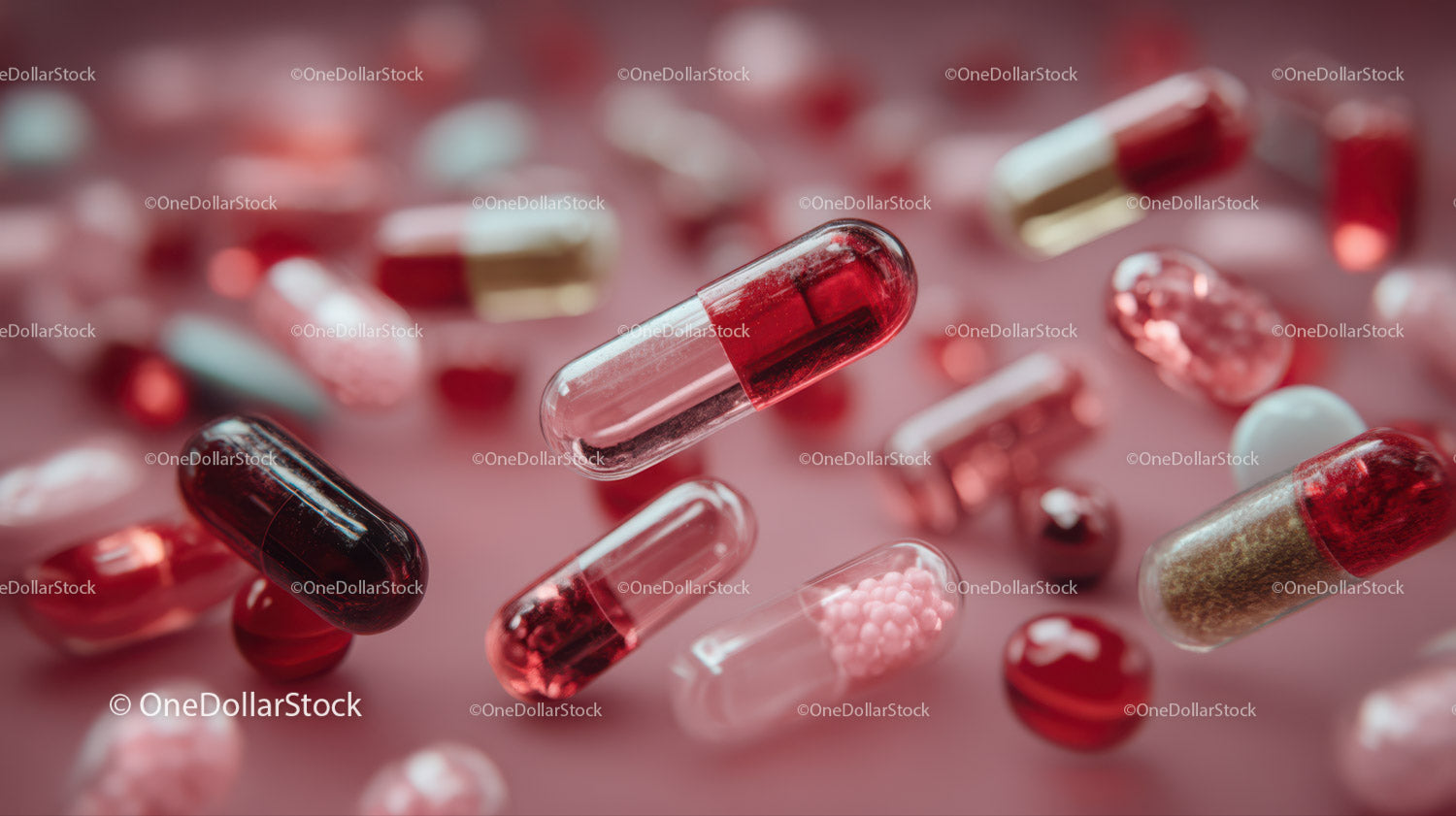 Assorted Capsules and Pills Close-Up in Pink Background