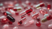 Assorted Capsules and Pills Close-Up in Pink Background