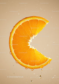 Fresh orange slice with water droplets on beige background