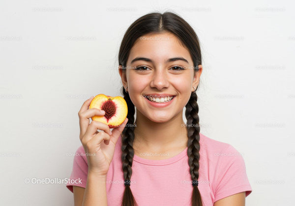 Smiling Girl Holding Fresh Peach with Braided Hair and Pink Shirt