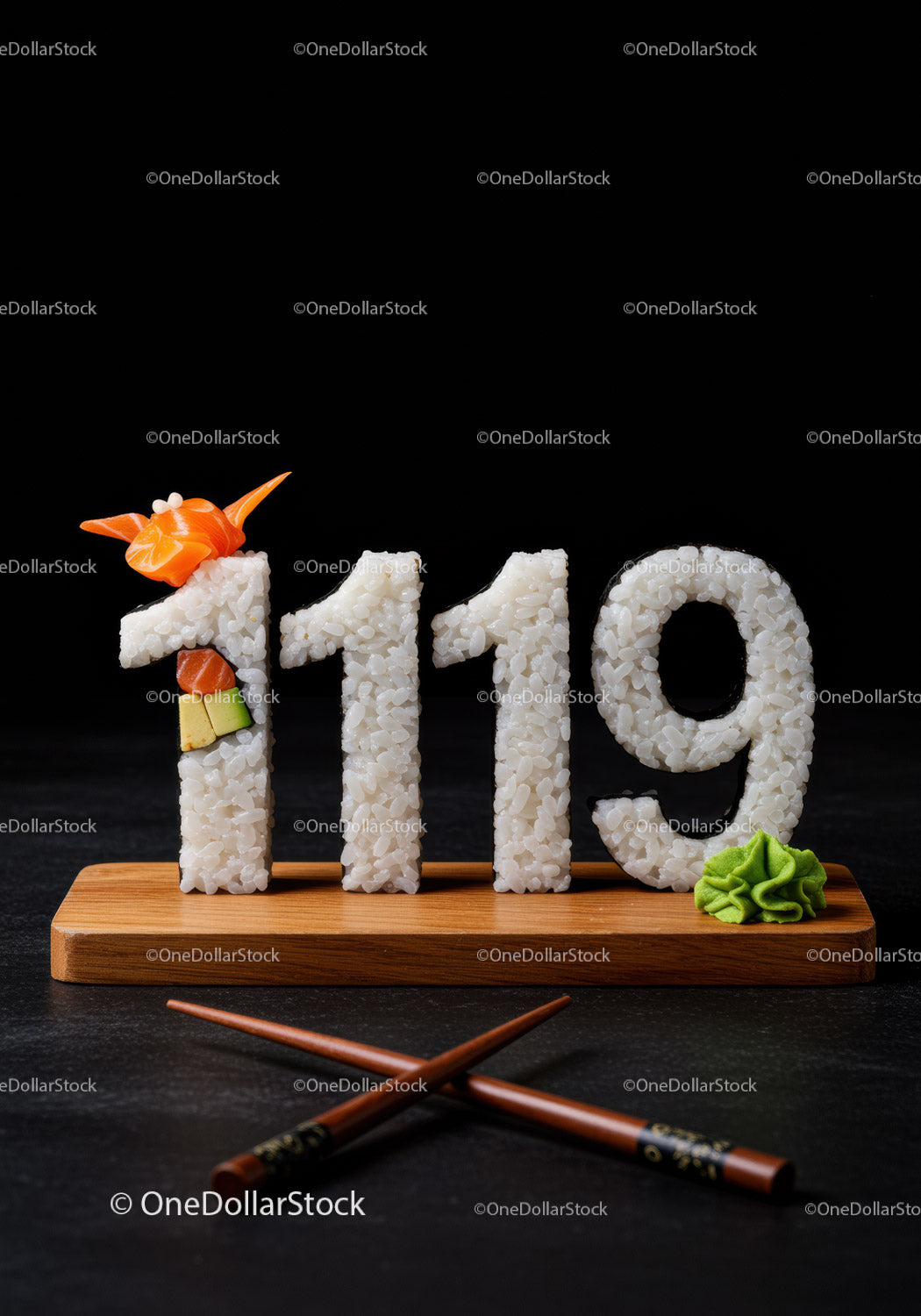 Creative sushi shaped as 1119 on wooden board with chopsticks