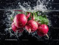 Fresh Red Radishes Splashing into Water with Splash Effect