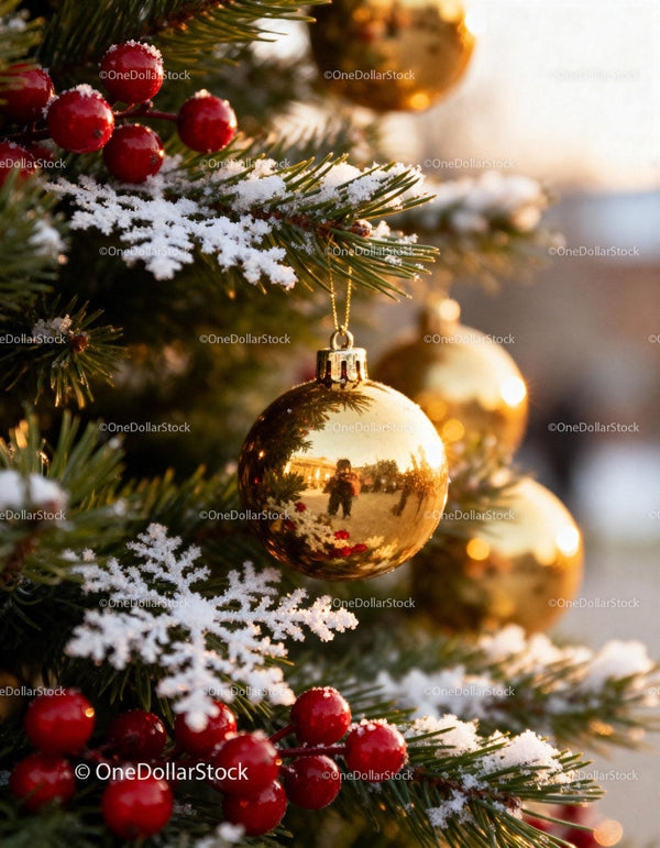 Close-up of Christmas Tree with Snowy Branches and Ornaments