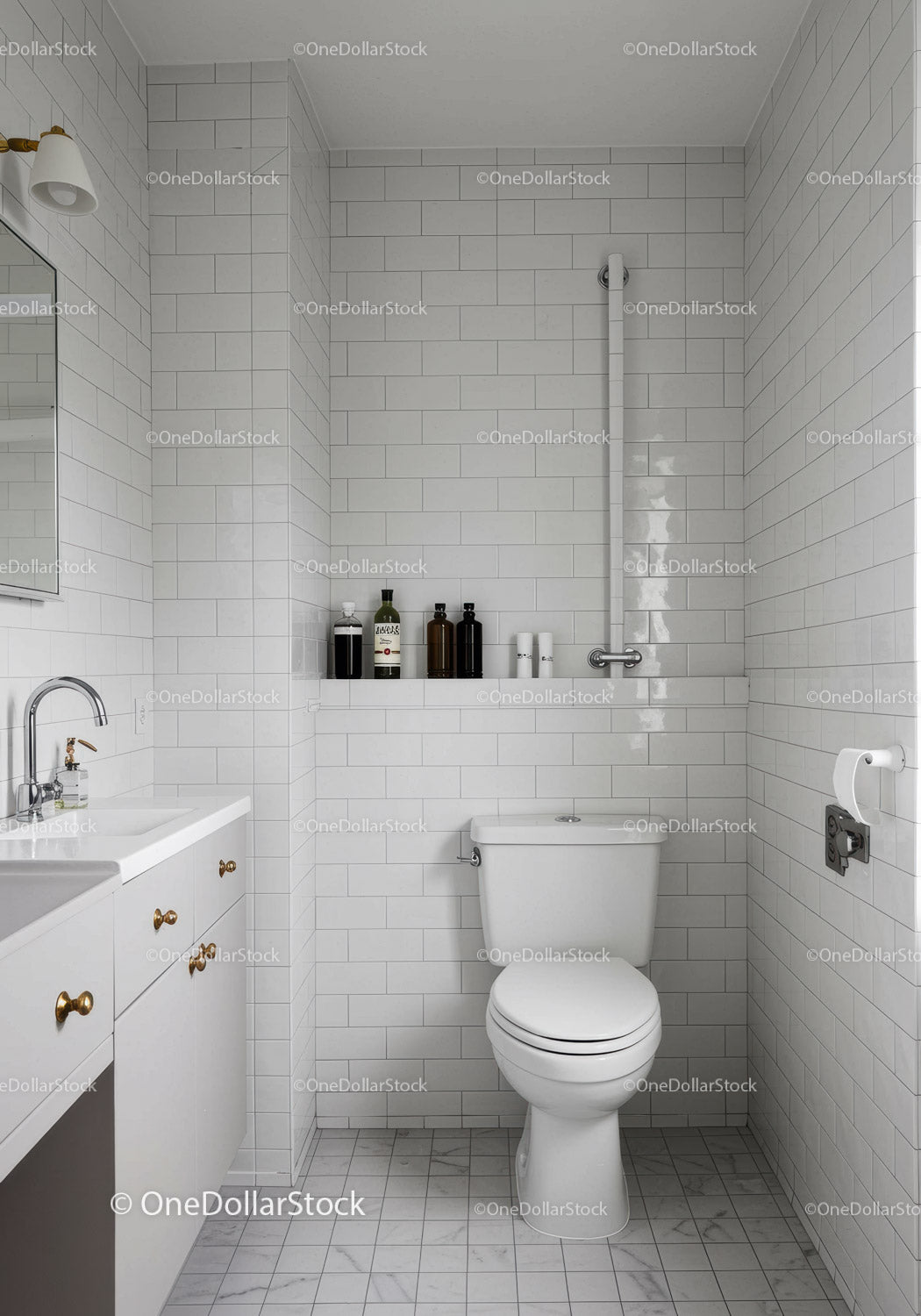 Clean Minimalist Bathroom with White Subway Tiles and Modern Fixtures
