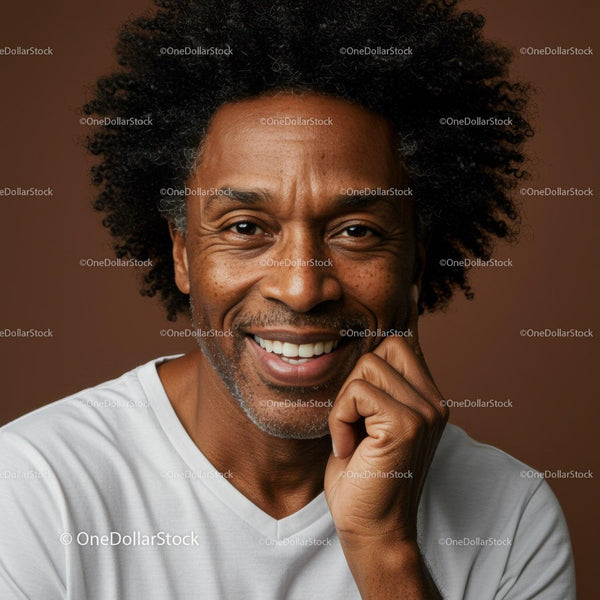 Happy Mature African American Man with Curly Hair Smiling Portrait