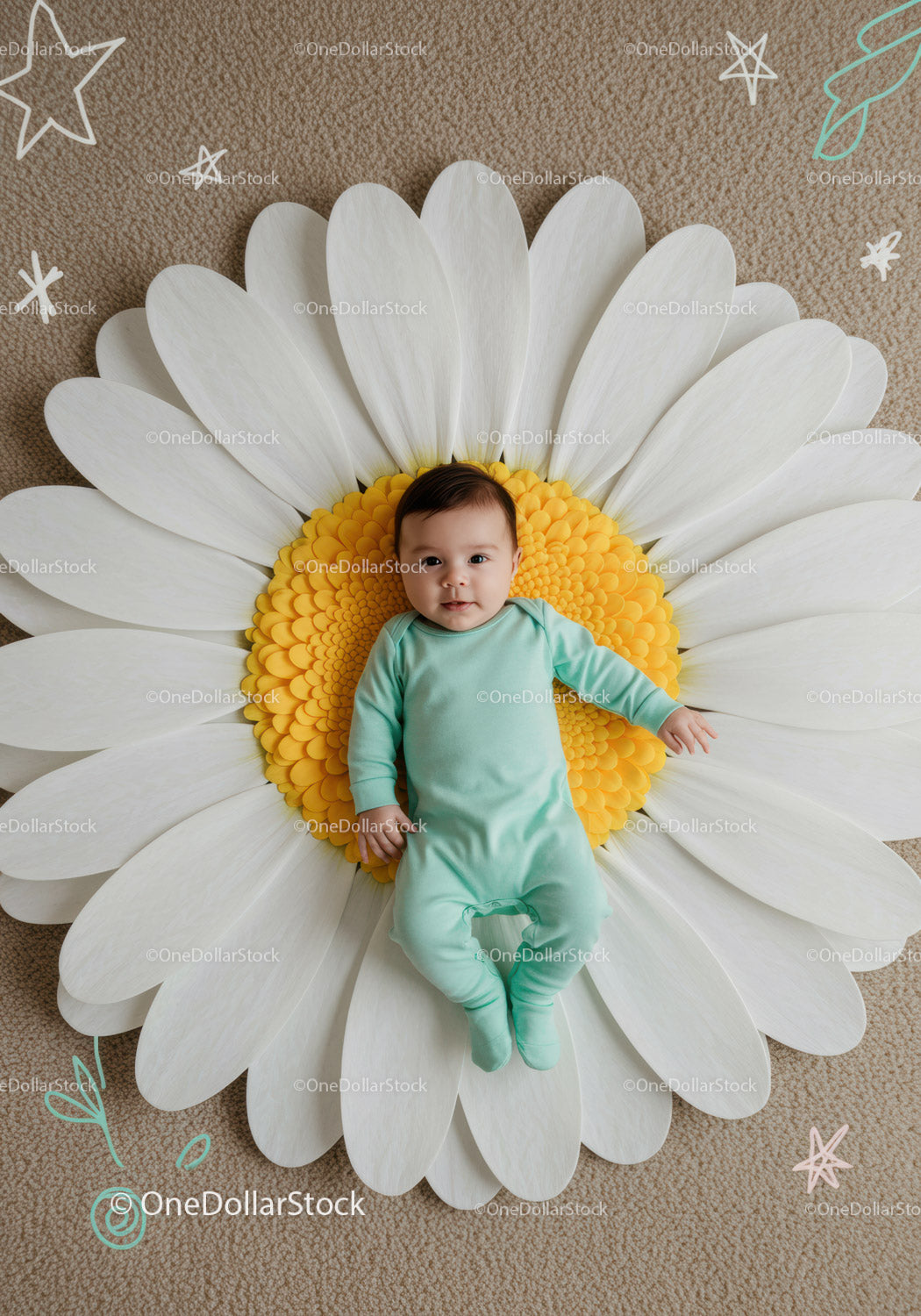 Baby lying on large daisy flower shaped cushion