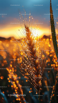 Sunrise Over Dew-Drop Covered Wheat in a Vibrant Rural Landscape