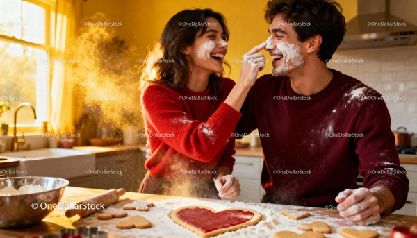 Couple playfully baking heart shaped cookies together