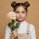 Young Girl with Pale Peach Rose Portrait on Soft Beige Background