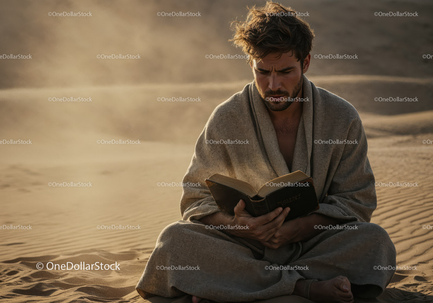Casual Man Reading Book in Desert Landscape