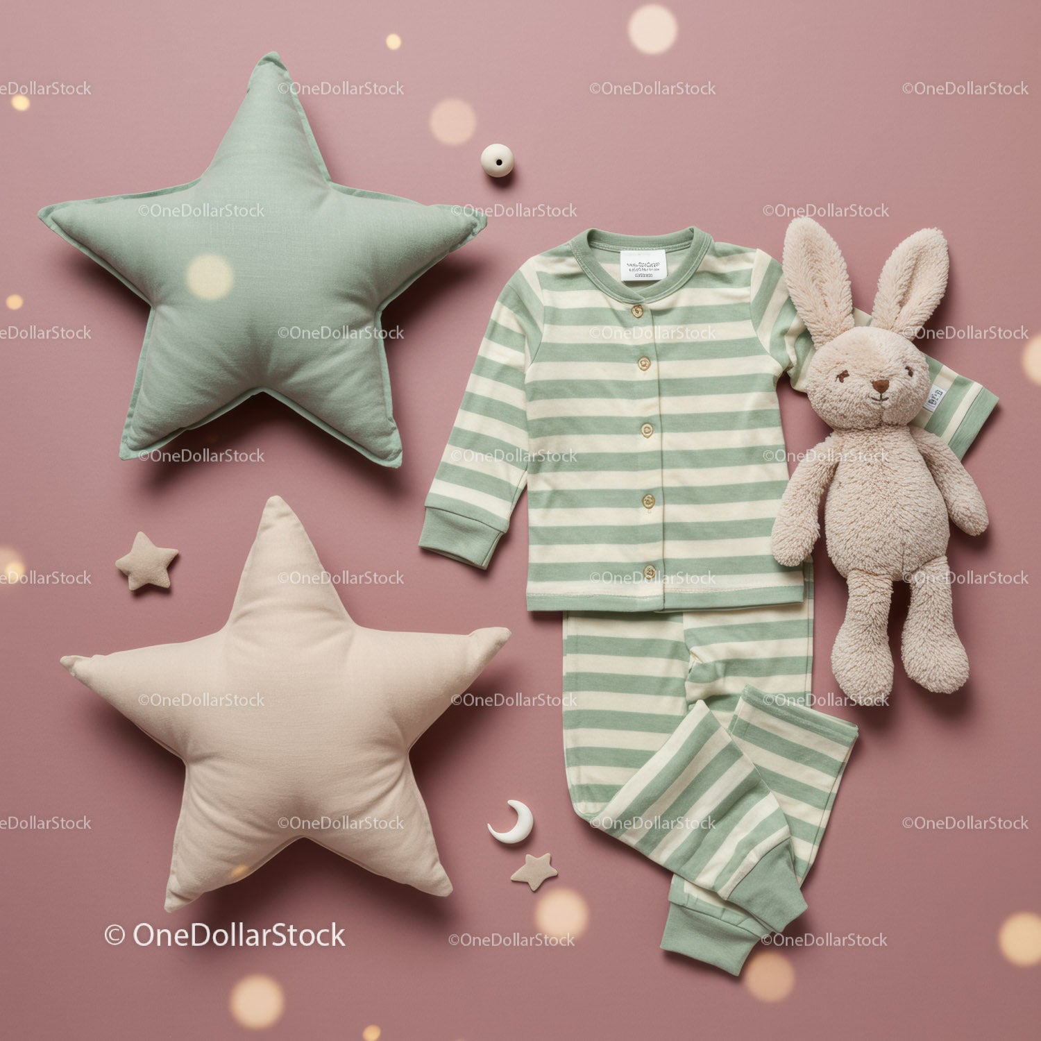 Soft Baby Pajamas with Plush Bunny and Star Pillows