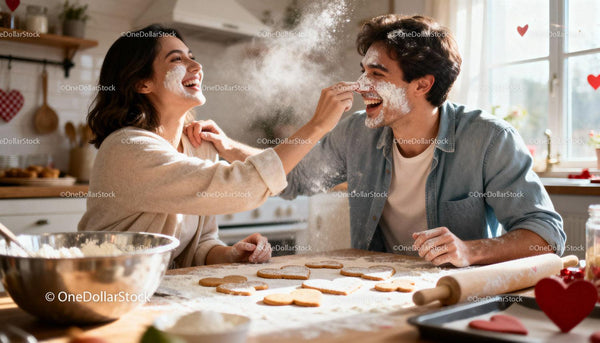 Couple Playfully Baking Heart Cookies at Home Kitchen