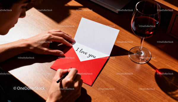 Man Writing Romantic Love Note Beside Red Wine Glass