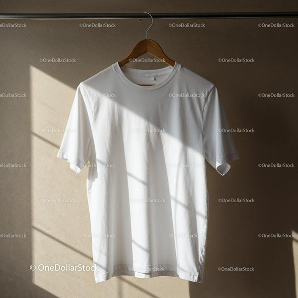 Plain White T Shirt Hanging on Wooden Hanger JPG Mockup Image