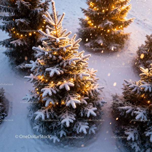Snowy Christmas Trees Adorned with Warm Lights