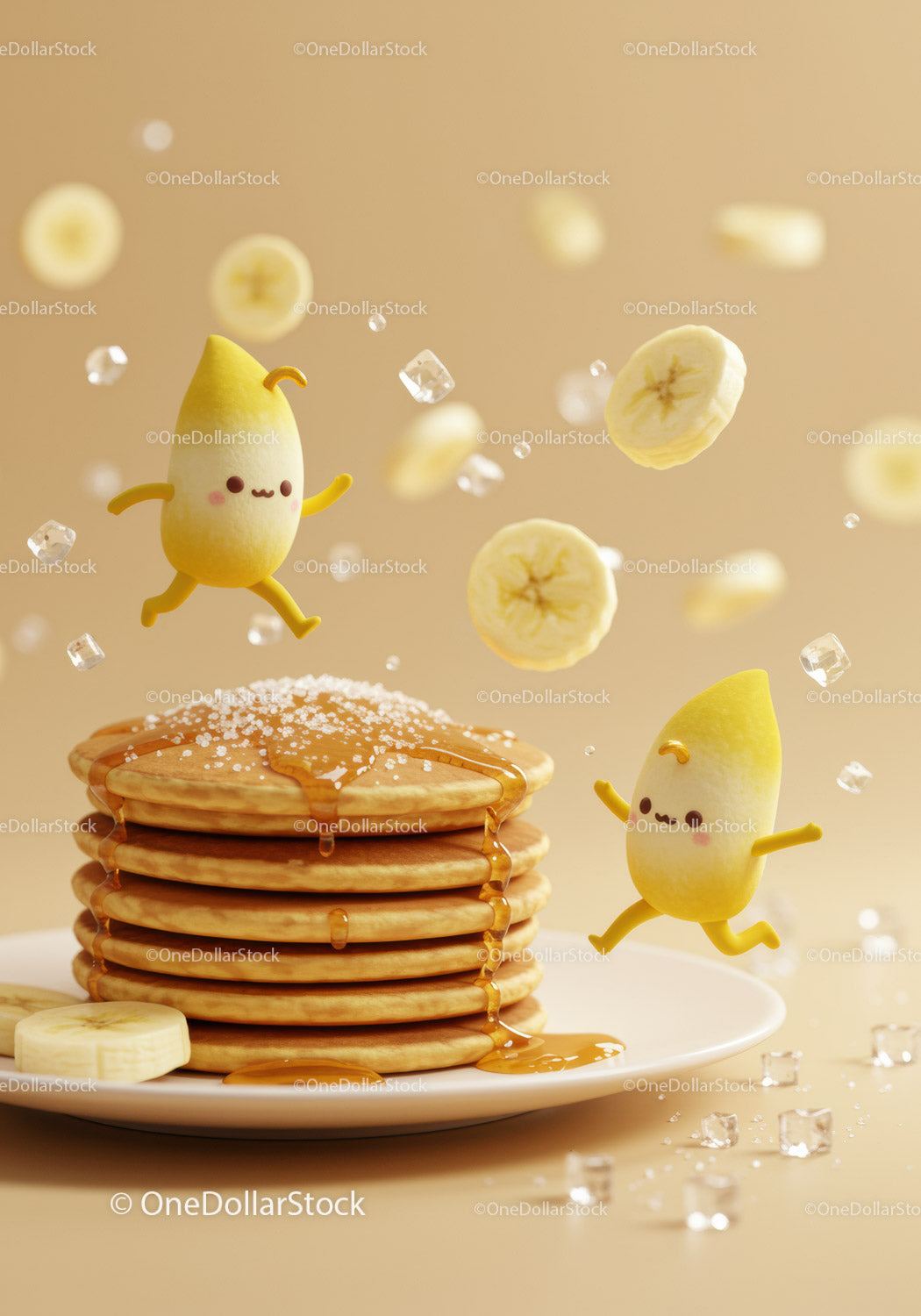 Cute animated bananas jumping around pancake stack