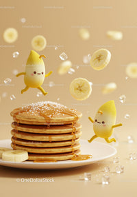 Cute animated bananas jumping around pancake stack