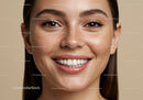Close-up smiling woman with natural freckles and radiant skin