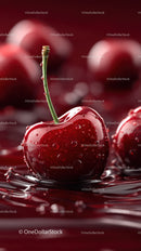 Close-up of Juicy Ripe Cherry with Water Droplets on Liquid Splash