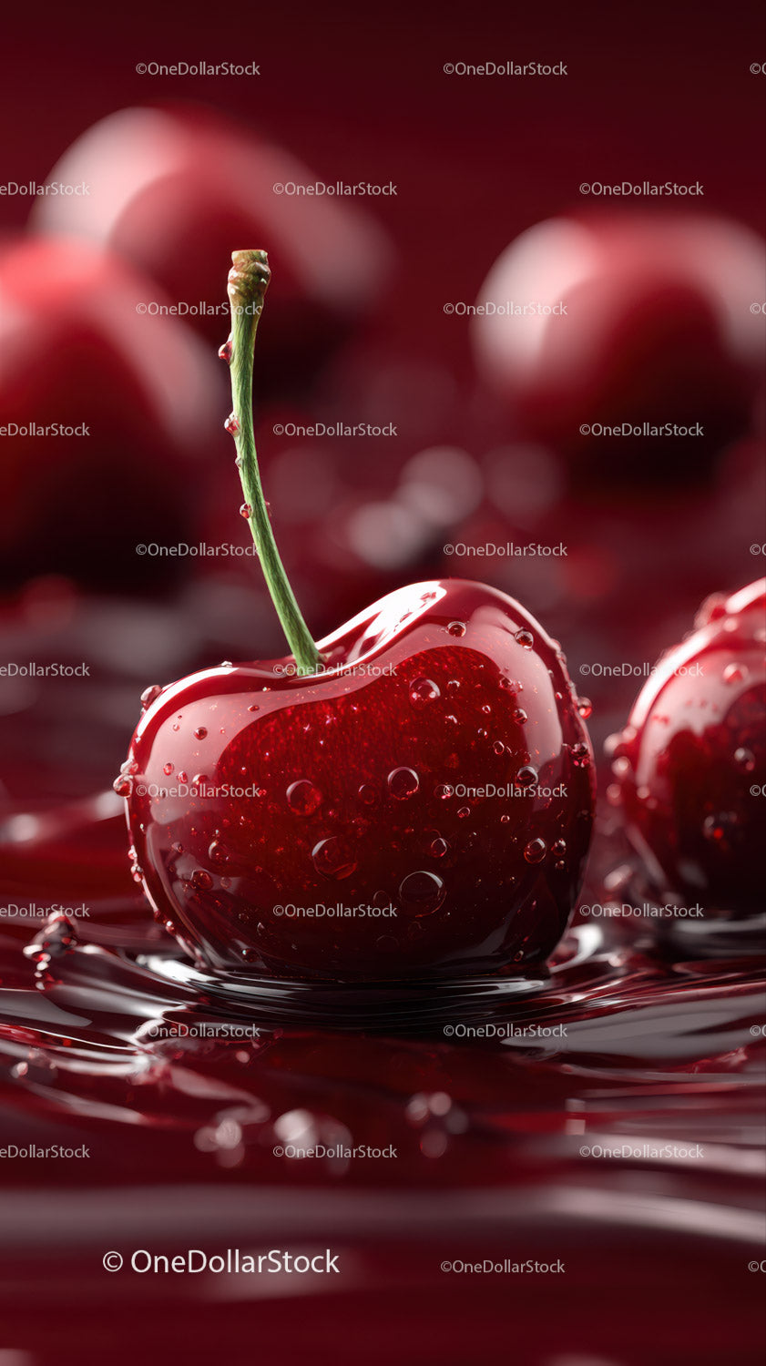Close-up of Juicy Ripe Cherry with Water Droplets on Liquid Splash