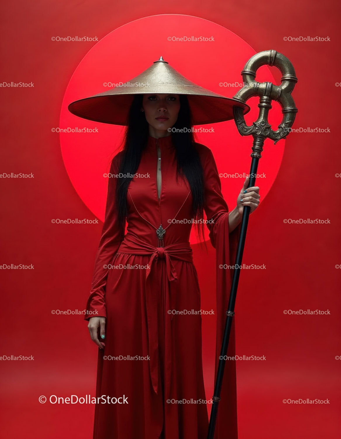 Elegant Woman in Red Dress with Accessories Against Red Background