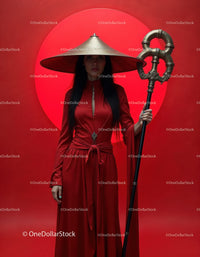 Elegant Woman in Red Dress with Accessories Against Red Background