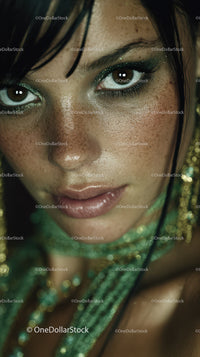 Close-up of Freckled Woman with Glitter Makeup and Green Eyes