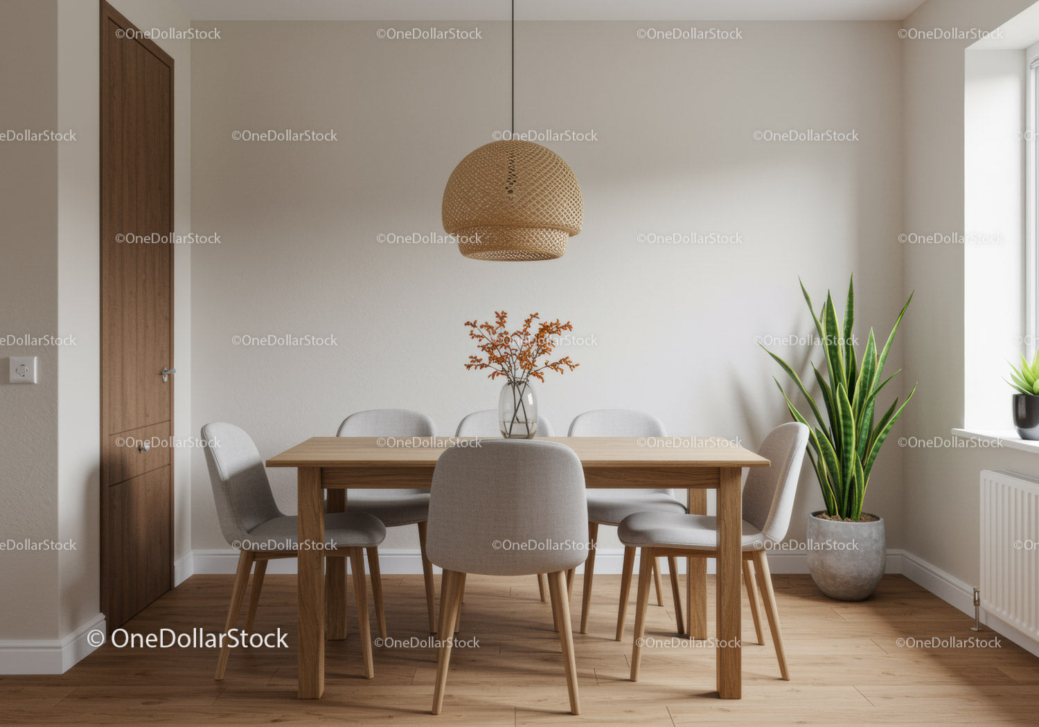 Modern Dining Room with Wooden Table and Indoor Plants