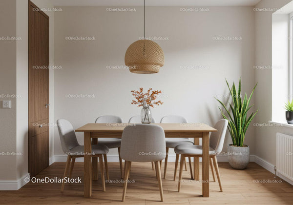 Modern Dining Room with Wooden Table and Indoor Plants