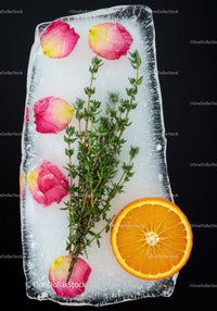Orange slice and herbs frozen in clear ice block