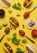Flatlay of Tacos and Fresh Mexican Ingredients on Yellow