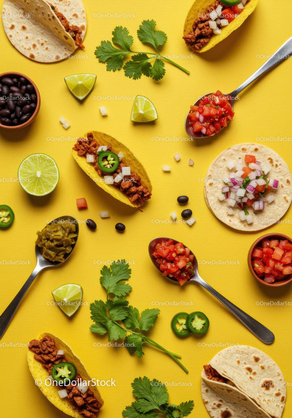 Flatlay of Tacos and Fresh Mexican Ingredients on Yellow