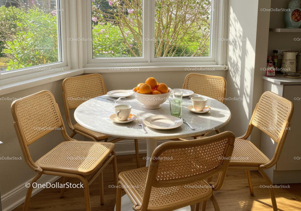 Cozy breakfast nook with natural light and fresh oranges