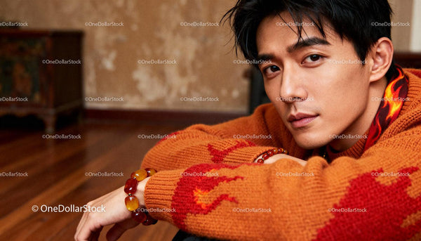 Young man in orange sweater with thoughtful gaze