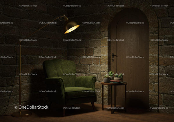 Cozy Reading Nook with Green Armchair and Soft Lighting