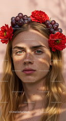 Beautiful Woman Wearing Floral Crown with Red Alstroemeria and Grape Flowers
