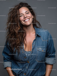 Joyful Woman with Long Wavy Hair in Denim Jacket