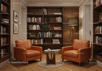 Cozy library nook with leather armchairs and warm lighting